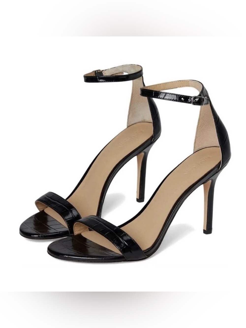 Lauren Ralph Lauren Women's Black Croc Embossed Leather Ankle Strap Heel 6 NWB